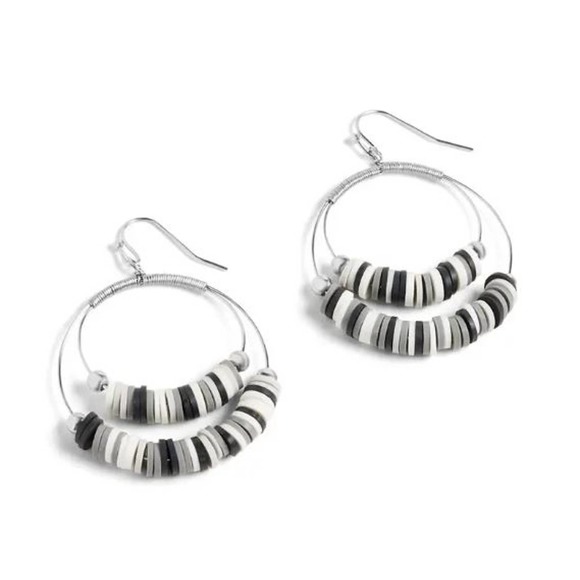 Heishi Hoop Earrings Dangle Drop Silver/Black/White - Picture 1 of 1